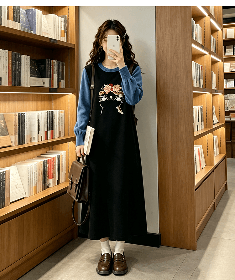 임산부 드레스 봄 가을 2026 새로운 페이크 레이어드 디자인 센스 임신 기간 출퇴근 생산 확인 가을 겨울 니트 스웨터 드레스 상세 이미지 21