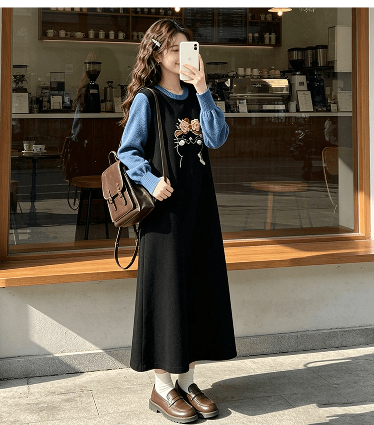 임산부 드레스 봄 가을 2026 새로운 페이크 레이어드 디자인 센스 임신 기간 출퇴근 생산 확인 가을 겨울 니트 스웨터 드레스 상세 이미지 22