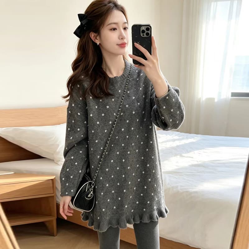 출산 착용 빅 사이즈 로드 중 레이스 밑단 루즈핏 라운드 넥 스웨터 가을 겨울 두꺼운 부드러운 중간 길이 맨위 니트 스웨터 이미지 3