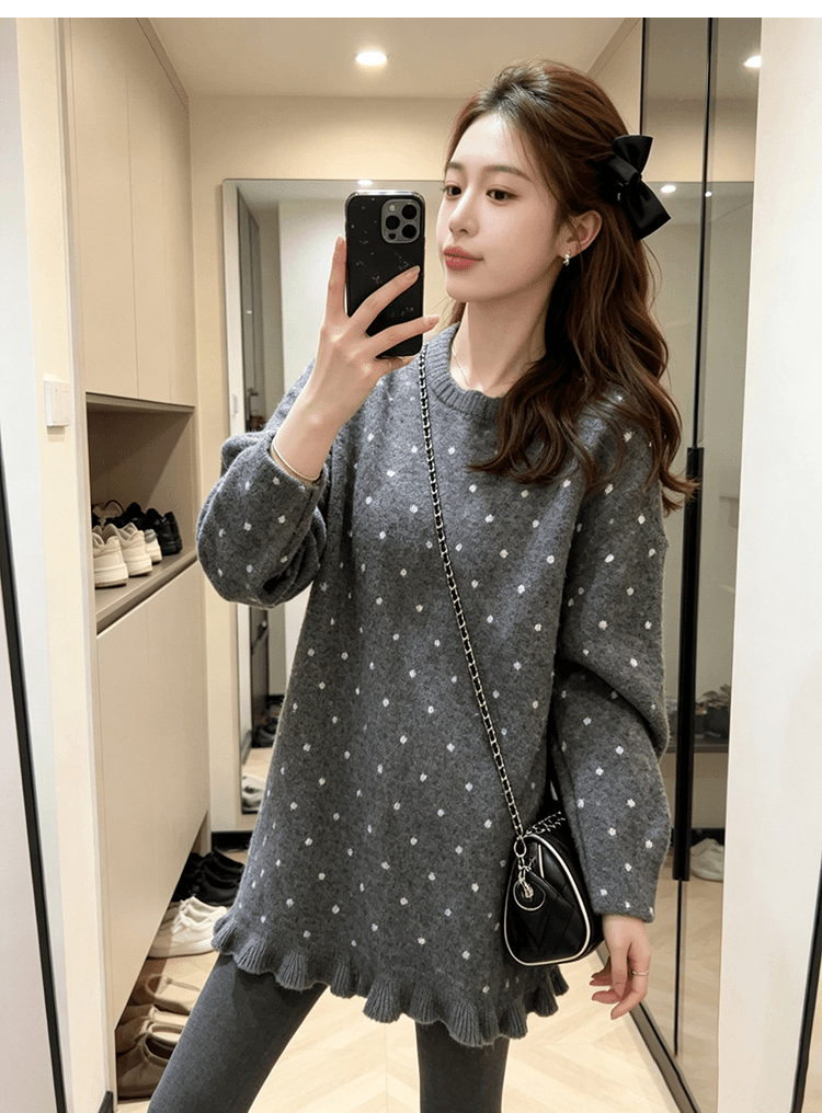 출산 착용 빅 사이즈 로드 중 레이스 밑단 루즈핏 라운드 넥 스웨터 가을 겨울 두꺼운 부드러운 중간 길이 맨위 니트 스웨터 상세 이미지 13