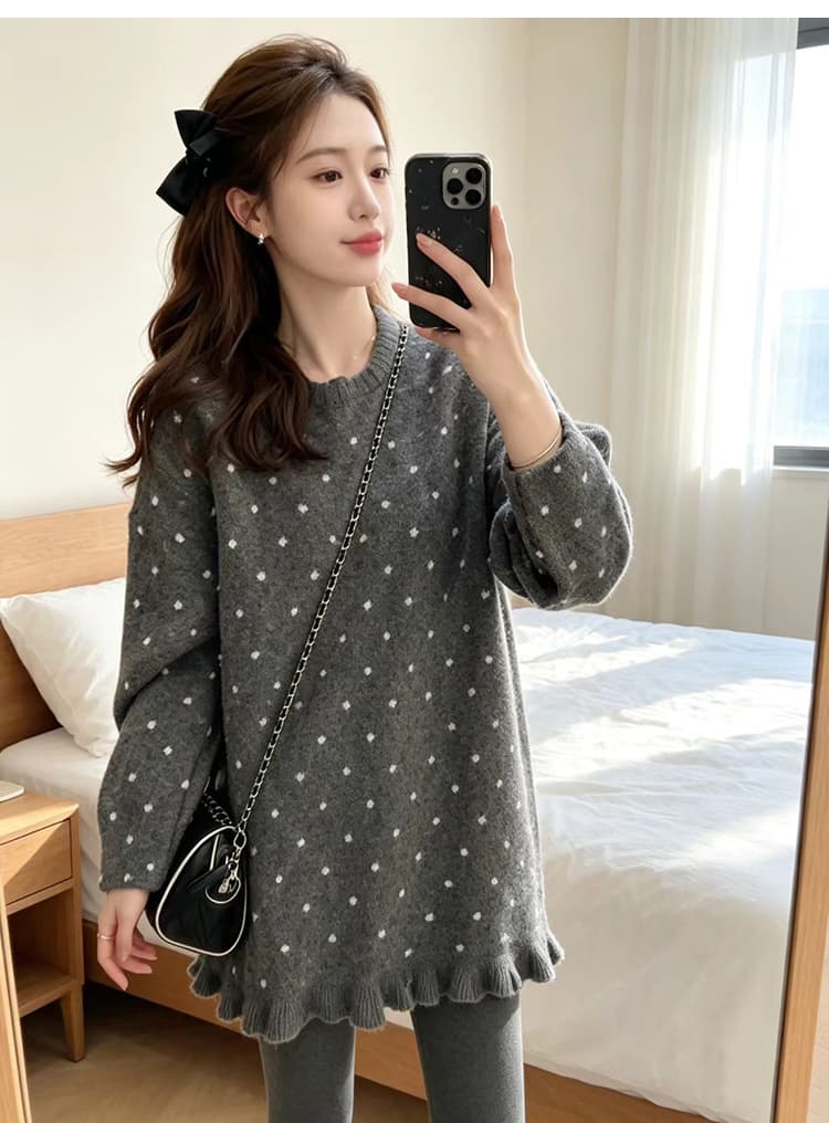 출산 착용 빅 사이즈 로드 중 레이스 밑단 루즈핏 라운드 넥 스웨터 가을 겨울 두꺼운 부드러운 중간 길이 맨위 니트 스웨터 상세 이미지 22