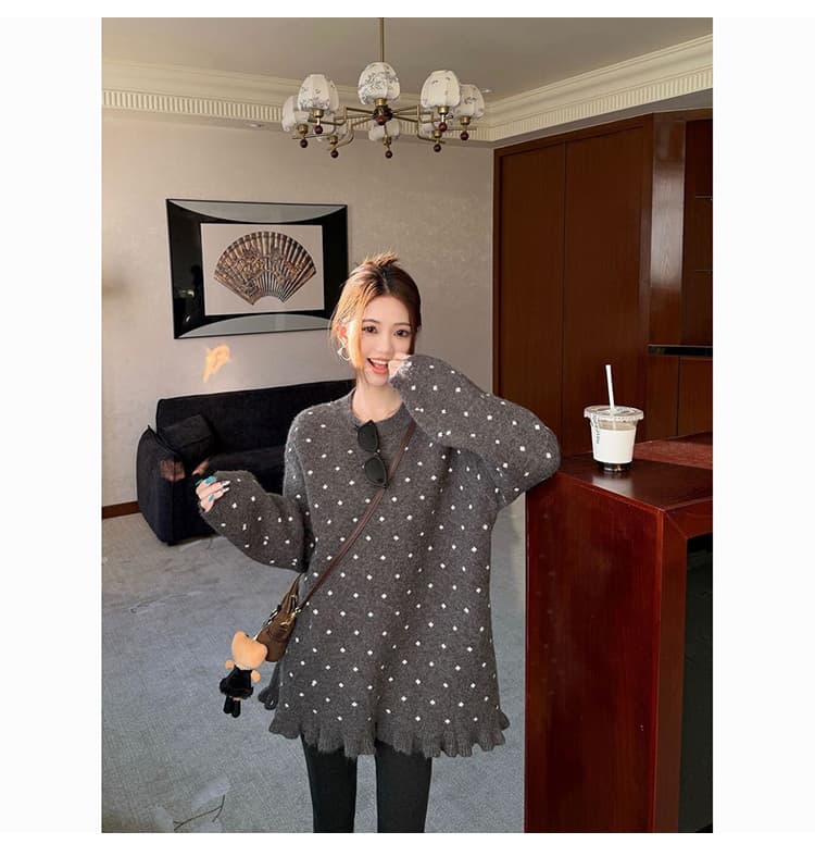 출산 착용 빅 사이즈 로드 중 레이스 밑단 루즈핏 라운드 넥 스웨터 가을 겨울 두꺼운 부드러운 중간 길이 맨위 니트 스웨터 상세 이미지 24