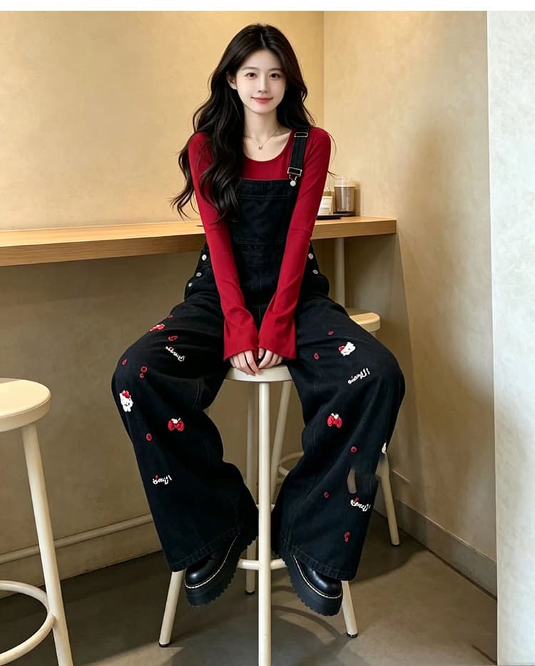 출산 착용 무거운 작업 자수 멜빵 바지 봄 가을 새로운 연령 감소 귀여운 슬림해 보이는 검정색 스트레이트 캐주얼 넓은 다리 길이 바지 상세 이미지 10