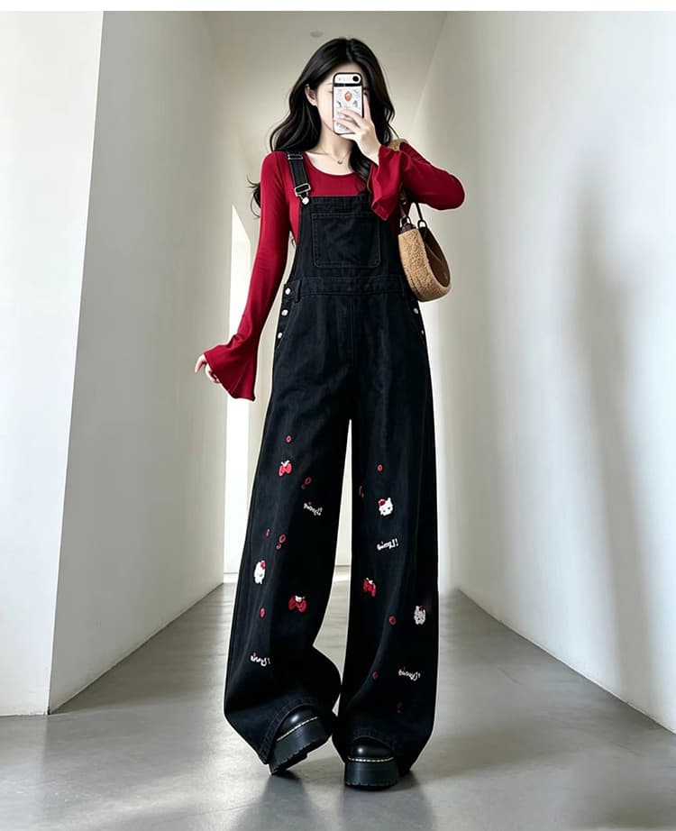 출산 착용 무거운 작업 자수 멜빵 바지 봄 가을 새로운 연령 감소 귀여운 슬림해 보이는 검정색 스트레이트 캐주얼 넓은 다리 길이 바지 상세 이미지 11
