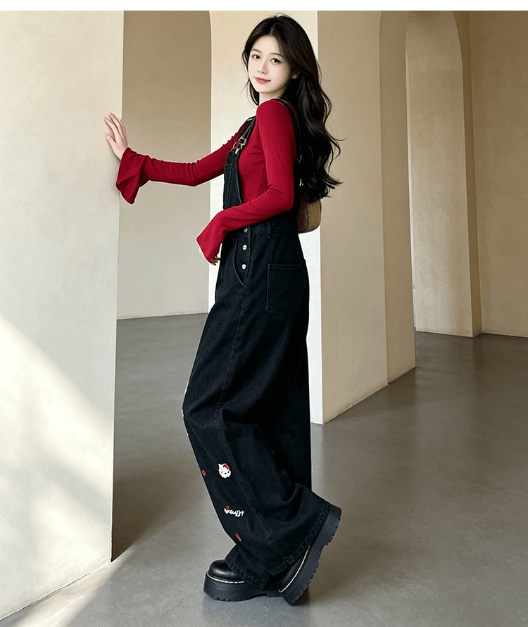 출산 착용 무거운 작업 자수 멜빵 바지 봄 가을 새로운 연령 감소 귀여운 슬림해 보이는 검정색 스트레이트 캐주얼 넓은 다리 길이 바지 상세 이미지 15