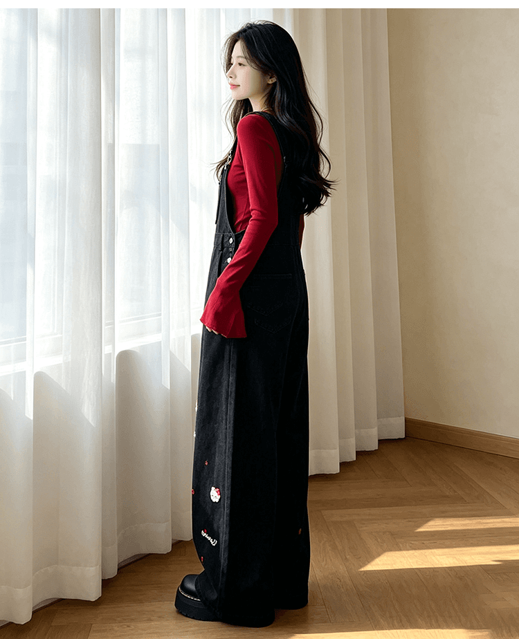 출산 착용 무거운 작업 자수 멜빵 바지 봄 가을 새로운 연령 감소 귀여운 슬림해 보이는 검정색 스트레이트 캐주얼 넓은 다리 길이 바지 상세 이미지 16