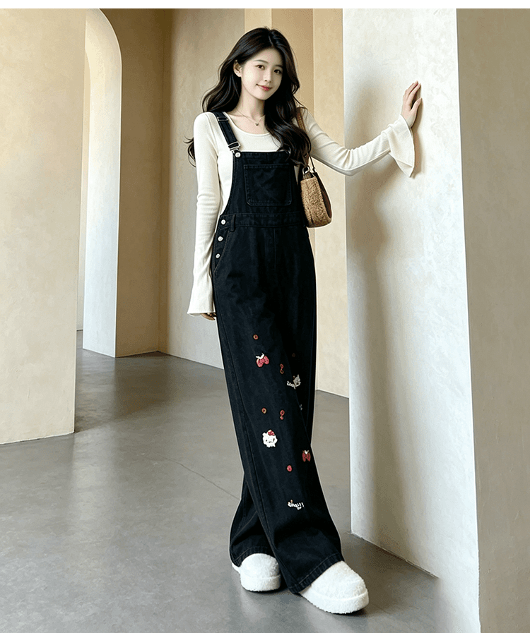 출산 착용 무거운 작업 자수 멜빵 바지 봄 가을 새로운 연령 감소 귀여운 슬림해 보이는 검정색 스트레이트 캐주얼 넓은 다리 길이 바지 상세 이미지 18