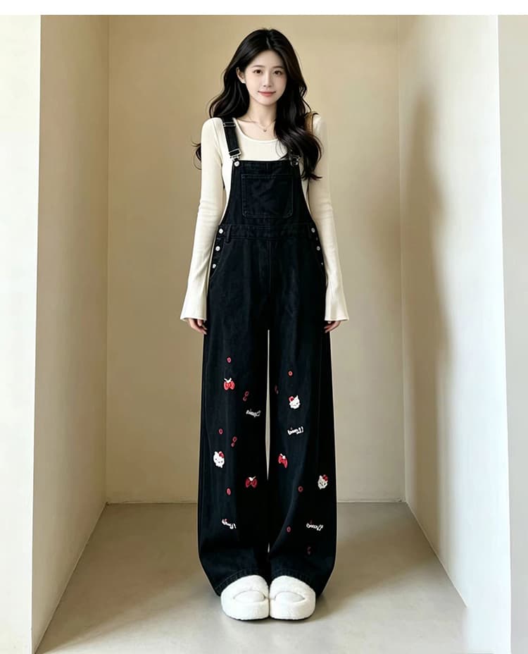 출산 착용 무거운 작업 자수 멜빵 바지 봄 가을 새로운 연령 감소 귀여운 슬림해 보이는 검정색 스트레이트 캐주얼 넓은 다리 길이 바지 상세 이미지 25