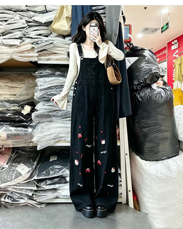 출산 착용 무거운 작업 자수 멜빵 바지 봄 가을 새로운 연령 감소 귀여운 슬림해 보이는 검정색 스트레이트 캐주얼 넓은 다리 길이 바지 상세 이미지 26