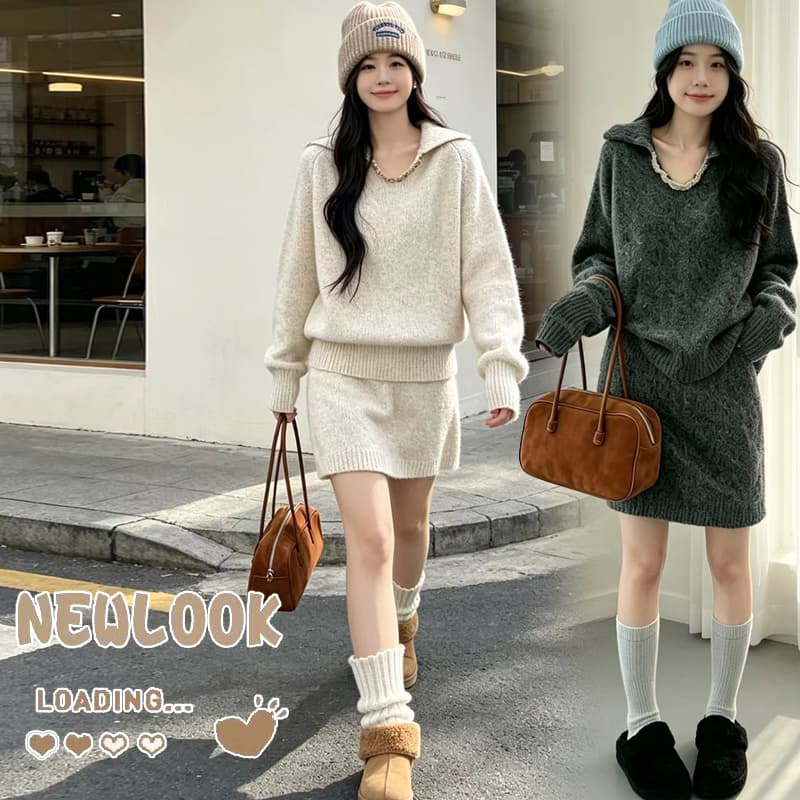 출산 착용 세트 부드러운 찹쌀 니트 가을 겨울철 느긋한 고급 센스 작은 키 스웨터 반 스커트 미니 스커트 투피스 세트 이미지 3