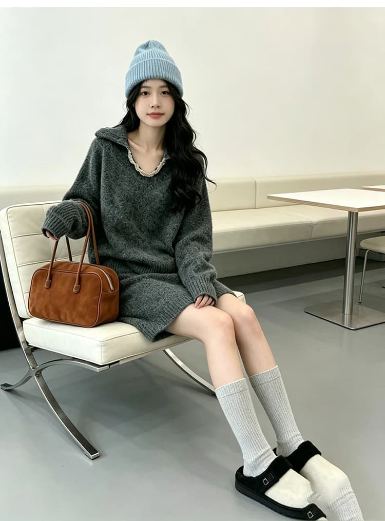 출산 착용 세트 부드러운 찹쌀 니트 가을 겨울철 느긋한 고급 센스 작은 키 스웨터 반 스커트 미니 스커트 투피스 세트 상세 이미지 24