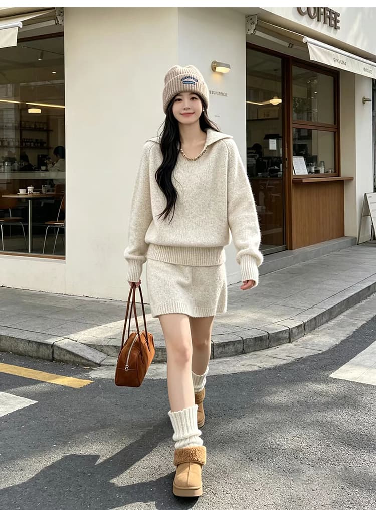 출산 착용 세트 부드러운 찹쌀 니트 가을 겨울철 느긋한 고급 센스 작은 키 스웨터 반 스커트 미니 스커트 투피스 세트 상세 이미지 32