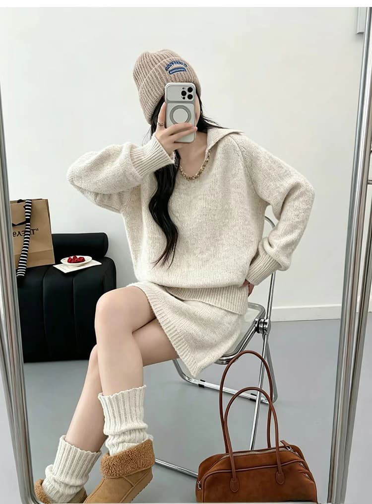 출산 착용 세트 부드러운 찹쌀 니트 가을 겨울철 느긋한 고급 센스 작은 키 스웨터 반 스커트 미니 스커트 투피스 세트 상세 이미지 35