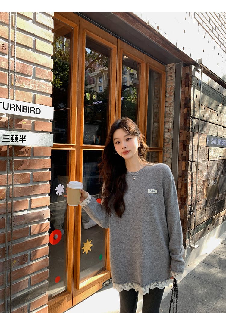 출산 착용 빅 사이즈 여성 의류 토끼털 양 털 한 부서 레이스 레이스 스웨터 여자 디자인 센스 라운드 넥 긴팔 맨위 상세 이미지 18