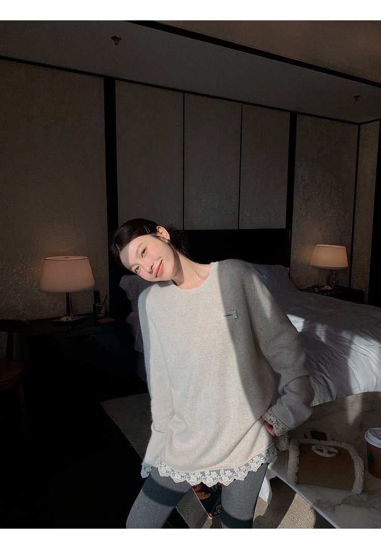 출산 착용 빅 사이즈 여성 의류 토끼털 양 털 한 부서 레이스 레이스 스웨터 여자 디자인 센스 라운드 넥 긴팔 맨위 상세 이미지 23