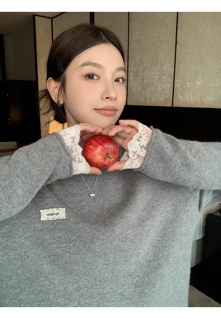 출산 착용 빅 사이즈 여성 의류 토끼털 양 털 한 부서 레이스 레이스 스웨터 여자 디자인 센스 라운드 넥 긴팔 맨위 상세 이미지 25
