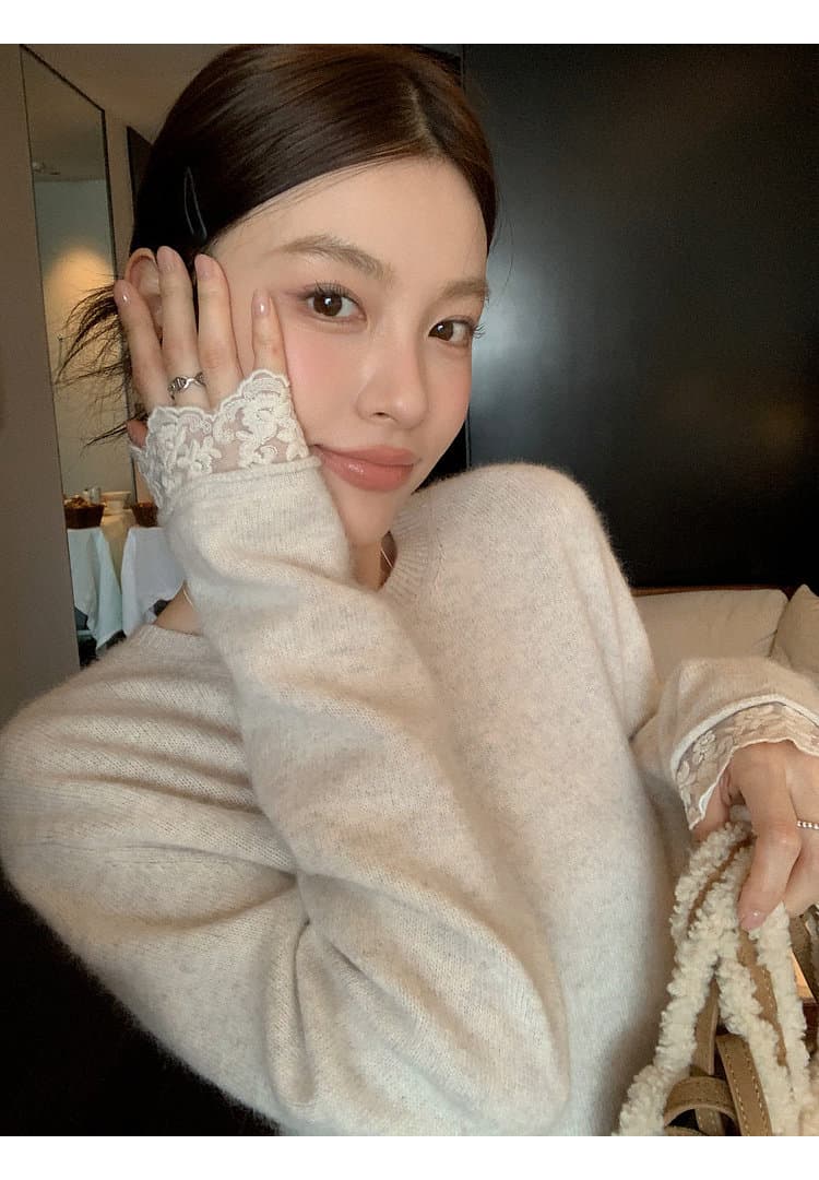 출산 착용 빅 사이즈 여성 의류 토끼털 양 털 한 부서 레이스 레이스 스웨터 여자 디자인 센스 라운드 넥 긴팔 맨위 상세 이미지 28