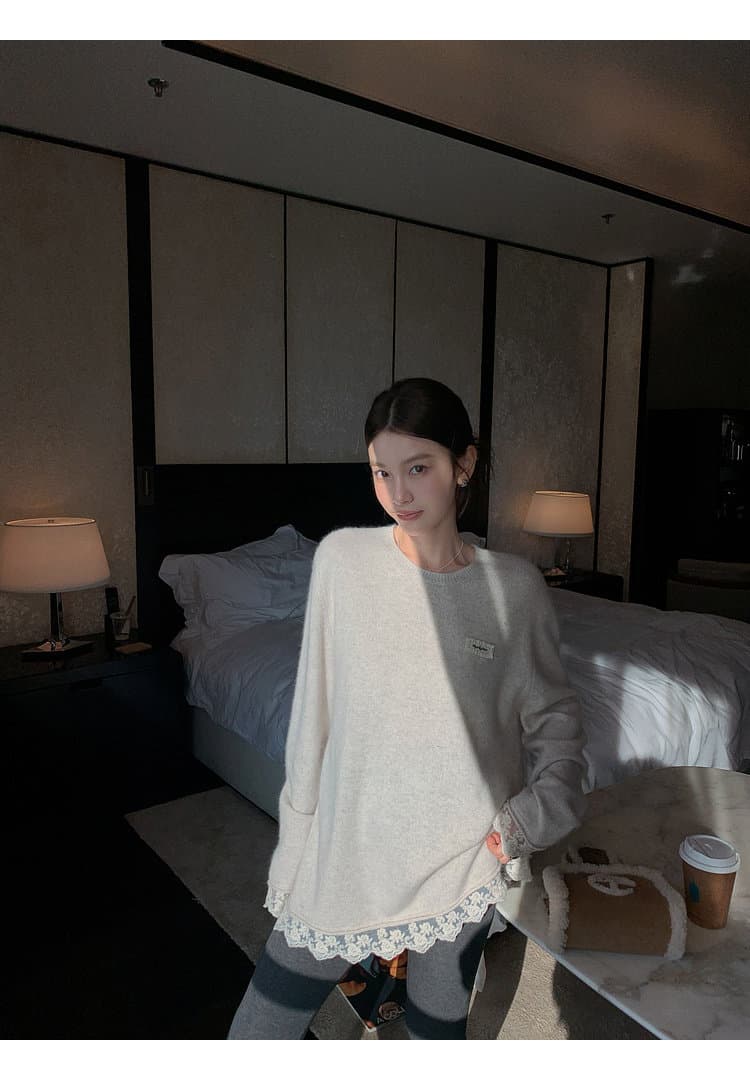 출산 착용 빅 사이즈 여성 의류 토끼털 양 털 한 부서 레이스 레이스 스웨터 여자 디자인 센스 라운드 넥 긴팔 맨위 상세 이미지 31