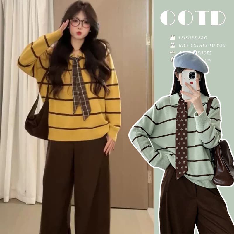 임산부 증가 에디션 POLO 칼라 스트라이프 풀오버 빅 사이즈 여성 가을 겨울철 느긋한 루즈핏 니트 스웨터 맨위