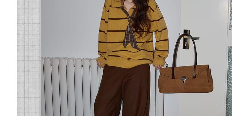 임산부 증가 에디션 POLO 칼라 스트라이프 풀오버 빅 사이즈 여성 가을 겨울철 느긋한 루즈핏 니트 스웨터 맨위 상세 이미지 41