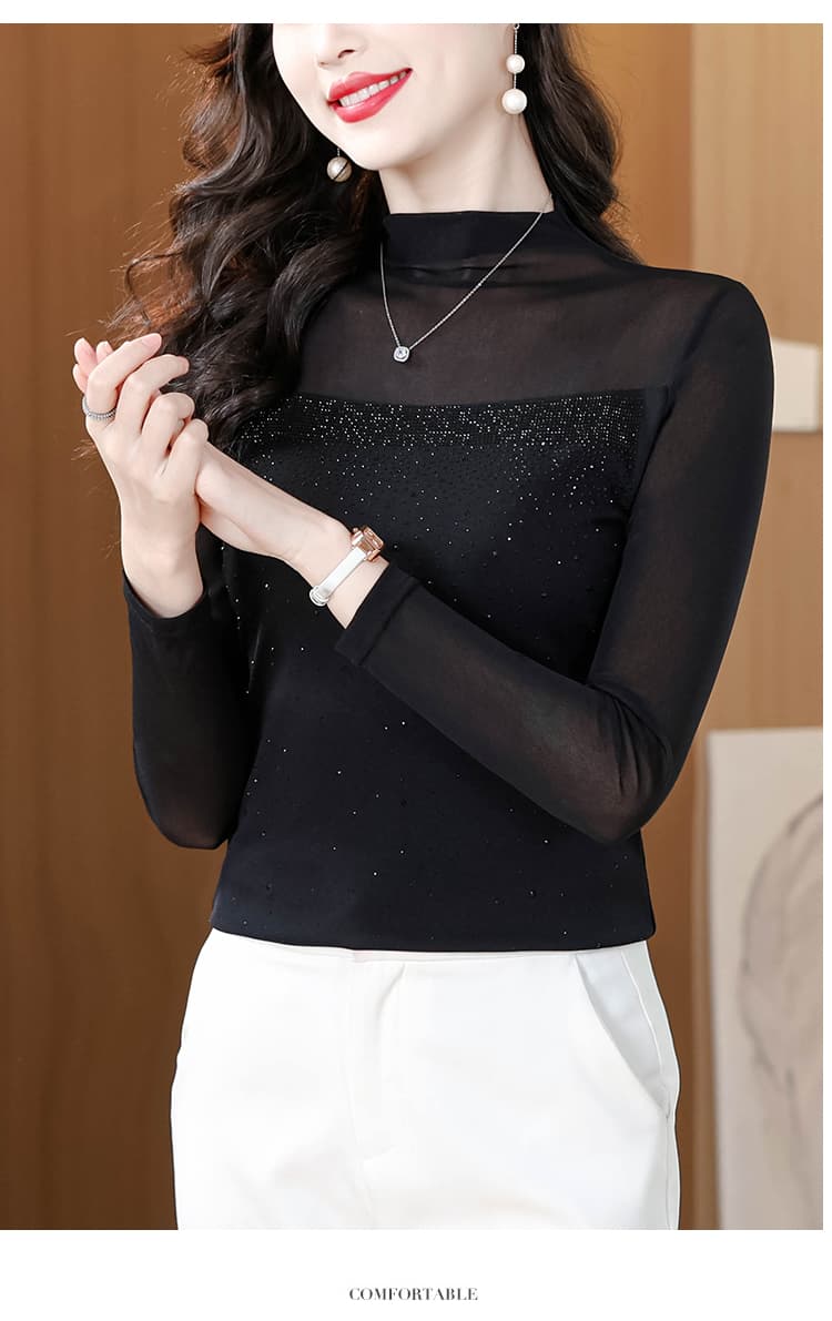 2026 망사 반하이넥 기본 셔츠 여성 봄 가을 새로운 몸매 가꾸기 외국 가스 인사이드 가져 가라. 긴팔 티셔츠 맨위 상세 이미지 16
