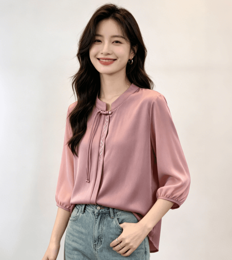 중년 엄마 새로운 중식 새틴 셔츠 여름 루즈핏 자수 단추 7부 소매 맨위 품격 연령 감소 작은 셔츠 상세 이미지 1