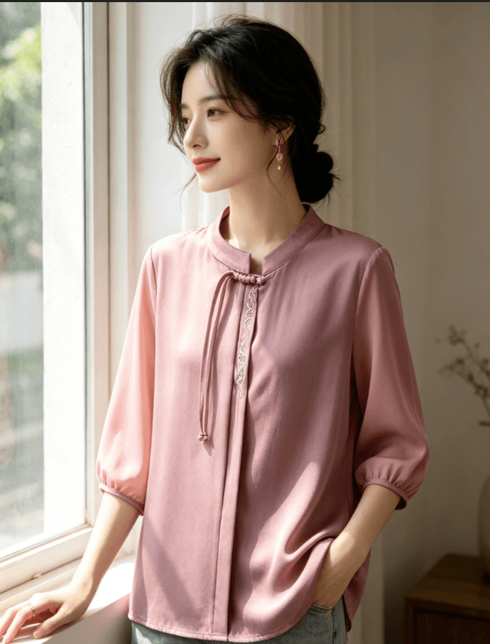 중년 엄마 새로운 중식 새틴 셔츠 여름 루즈핏 자수 단추 7부 소매 맨위 품격 연령 감소 작은 셔츠 상세 이미지 2