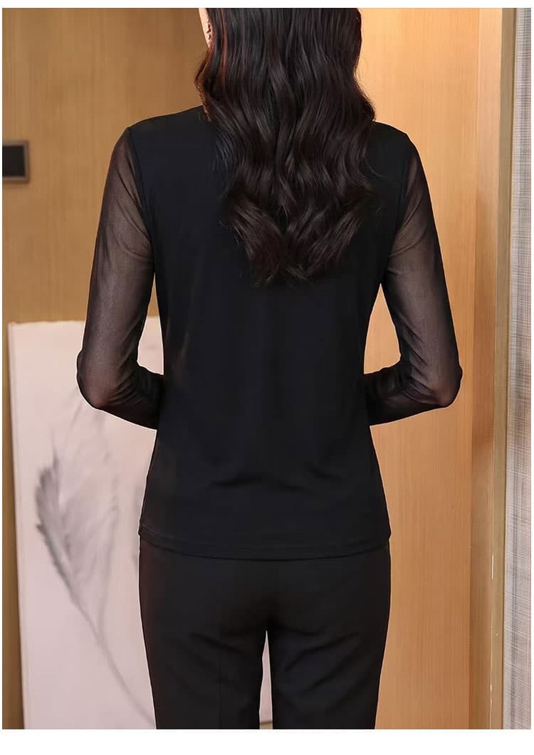 라운드 넥 레이스 핫픽스 망사 기본 셔츠 신축성 통기성 긴팔 표지 팔 조개 고기 중년 여성 가을 의상 상세 이미지 18
