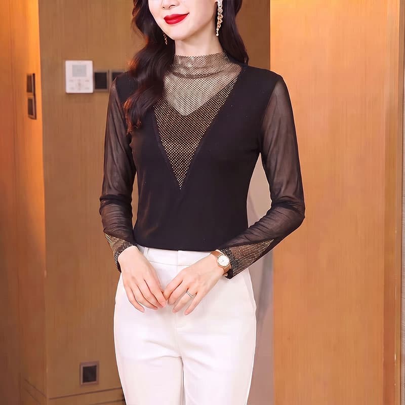 스탠드 칼라 핫픽스 망사 기본 셔츠 여성 봄 가을 신축성 긴팔 티셔츠 중년 엄마 외국 가스 표지 고기 다용도 맨위 이미지 3