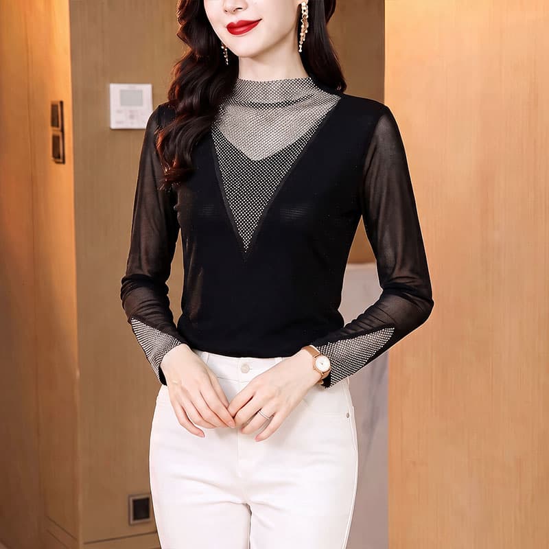 스탠드 칼라 핫픽스 망사 기본 셔츠 여성 봄 가을 신축성 긴팔 티셔츠 중년 엄마 외국 가스 표지 고기 다용도 맨위 이미지 4