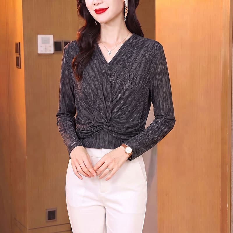 어두운 회색 수직 곡물 비틀림 품격 v 칼라 긴팔 스트레치 직물 중년 여성 표지 배 슬림해 보이는 가을 의상
