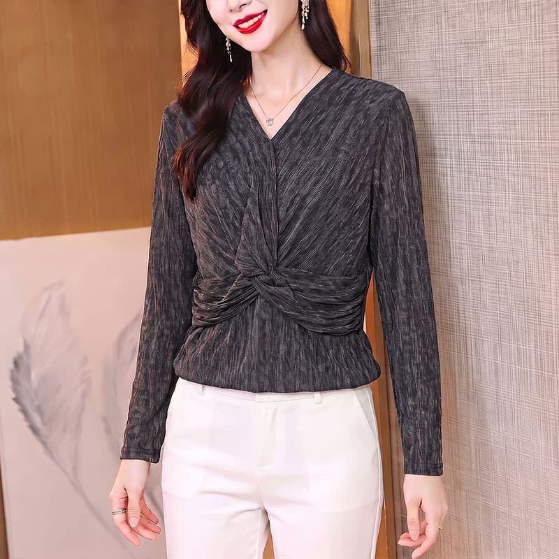 어두운 회색 수직 곡물 비틀림 품격 v 칼라 긴팔 스트레치 직물 중년 여성 표지 배 슬림해 보이는 가을 의상 이미지 2