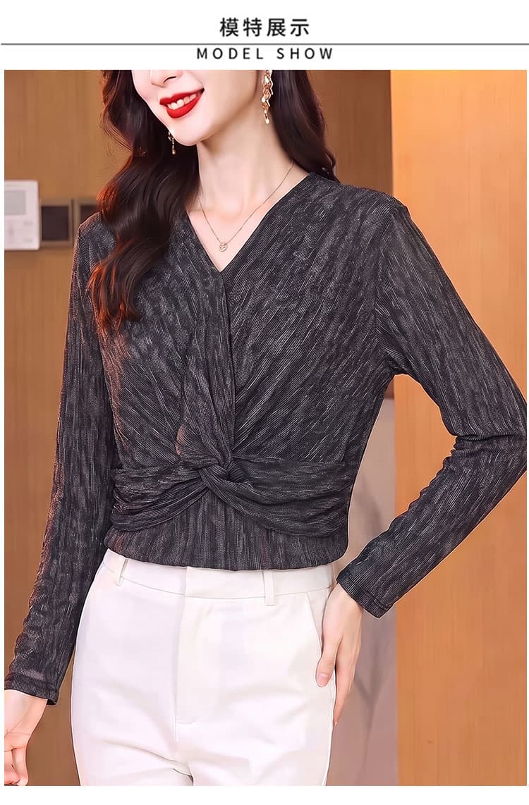 어두운 회색 수직 곡물 비틀림 품격 v 칼라 긴팔 스트레치 직물 중년 여성 표지 배 슬림해 보이는 가을 의상 상세 이미지 10