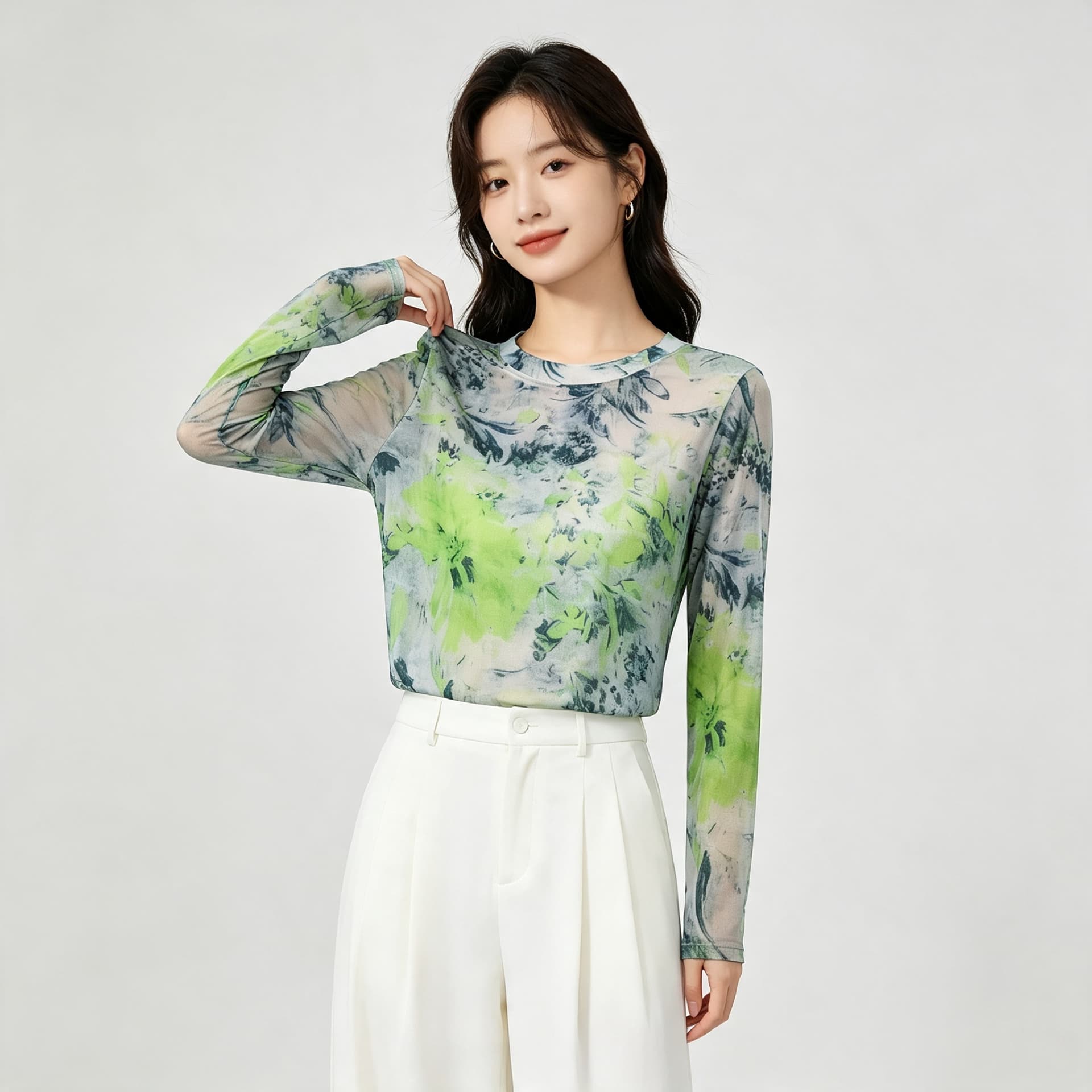 가을 신제품 레이스 기본 셔츠 여성 외국 가스 라운드 넥 한국 스타일 몸매 가꾸기 슬림해 보이는 품격 망사 인사이드 가져 가라. 긴팔 맨위 상세 이미지 5