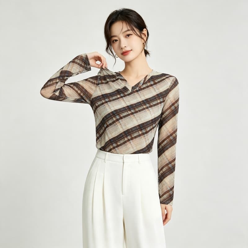 가을 신제품 레이스 기본 셔츠 여성 외국 가스 V넥 한국 스타일 몸매 가꾸기 슬림해 보이는 품격 망사 인사이드 가져 가라. 긴팔 맨위 상세 이미지 4