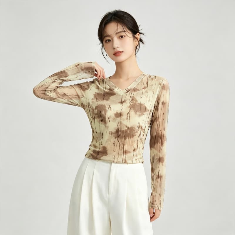 가을 신제품 레이스 기본 셔츠 여성 외국 가스 V넥 한국 스타일 몸매 가꾸기 슬림해 보이는 품격 망사 인사이드 가져 가라. 긴팔 맨위 이미지 4