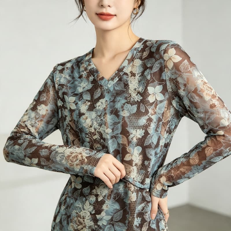 가을 신제품 레이스 기본 셔츠 여성 외국 가스 V넥 한국 스타일 몸매 가꾸기 슬림해 보이는 품격 망사 인사이드 가져 가라. 긴팔 맨위 상세 이미지 4