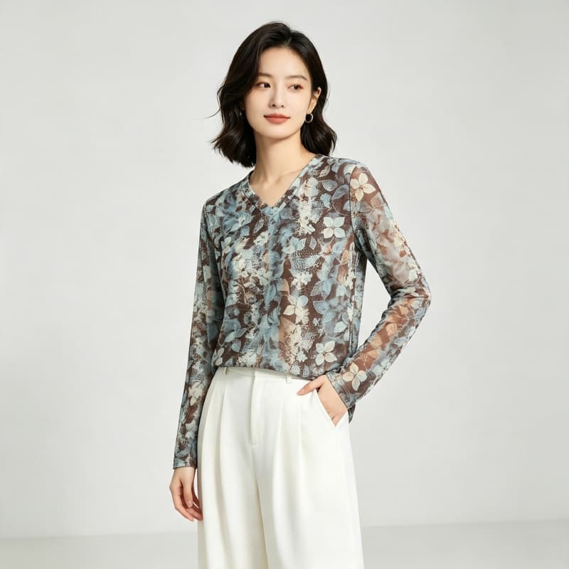 가을 신제품 레이스 기본 셔츠 여성 외국 가스 V넥 한국 스타일 몸매 가꾸기 슬림해 보이는 품격 망사 인사이드 가져 가라. 긴팔 맨위 상세 이미지 6