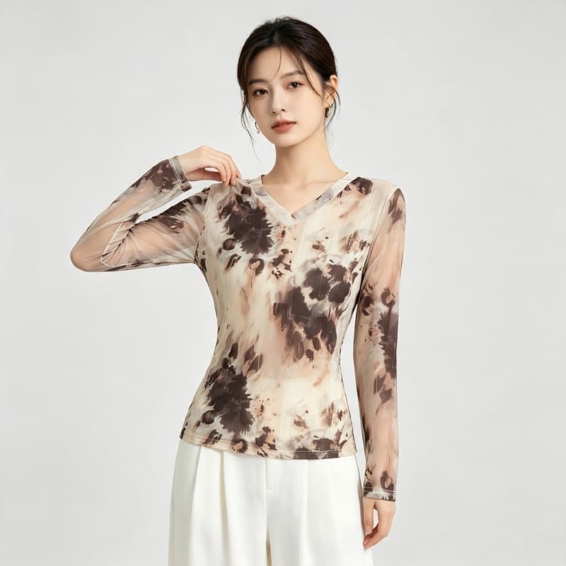 가을 신제품 레이스 기본 셔츠 여성 외국 가스 V넥 한국 스타일 몸매 가꾸기 슬림해 보이는 품격 망사 인사이드 가져 가라. 긴팔 맨위 상세 이미지 5
