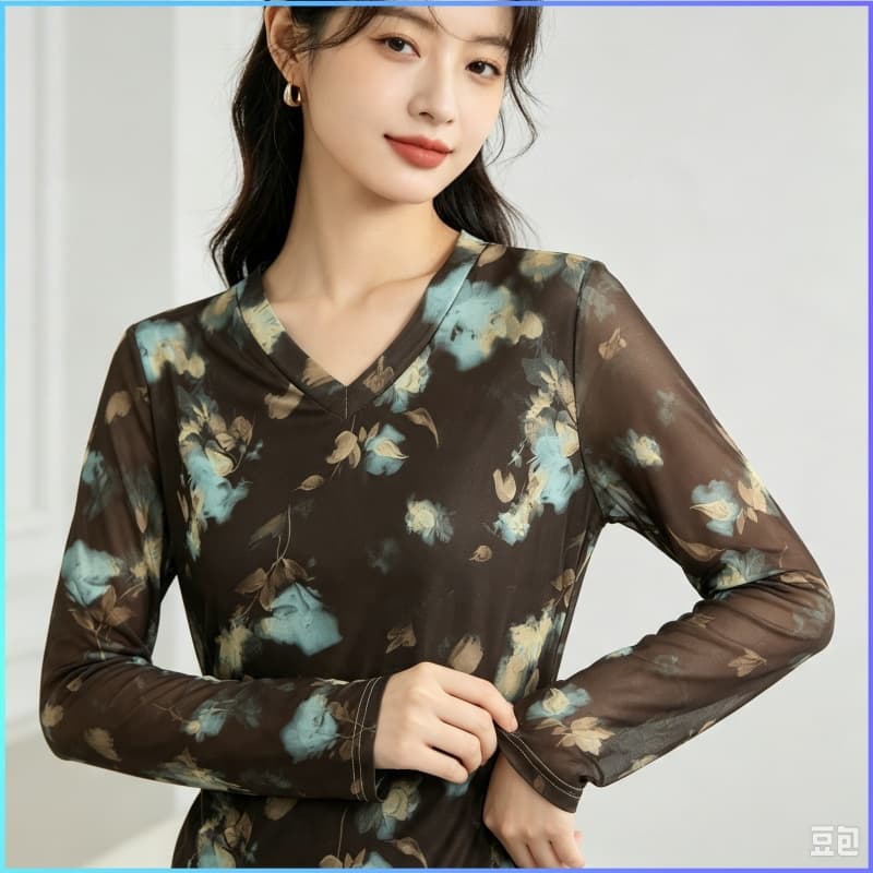 가을 신제품 레이스 기본 셔츠 여성 외국 가스 V넥 한국 스타일 몸매 가꾸기 슬림해 보이는 품격 망사 인사이드 가져 가라. 긴팔 맨위 이미지 4