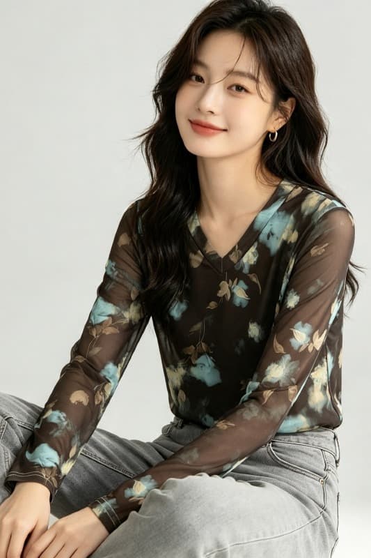 가을 신제품 레이스 기본 셔츠 여성 외국 가스 V넥 한국 스타일 몸매 가꾸기 슬림해 보이는 품격 망사 인사이드 가져 가라. 긴팔 맨위 이미지 6