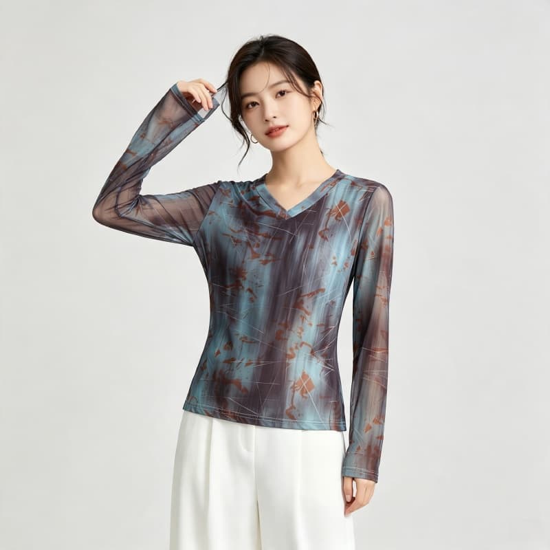 가을 신제품 레이스 기본 셔츠 여성 외국 가스 V넥 한국 스타일 몸매 가꾸기 슬림해 보이는 품격 망사 인사이드 가져 가라. 긴팔 맨위 이미지 4