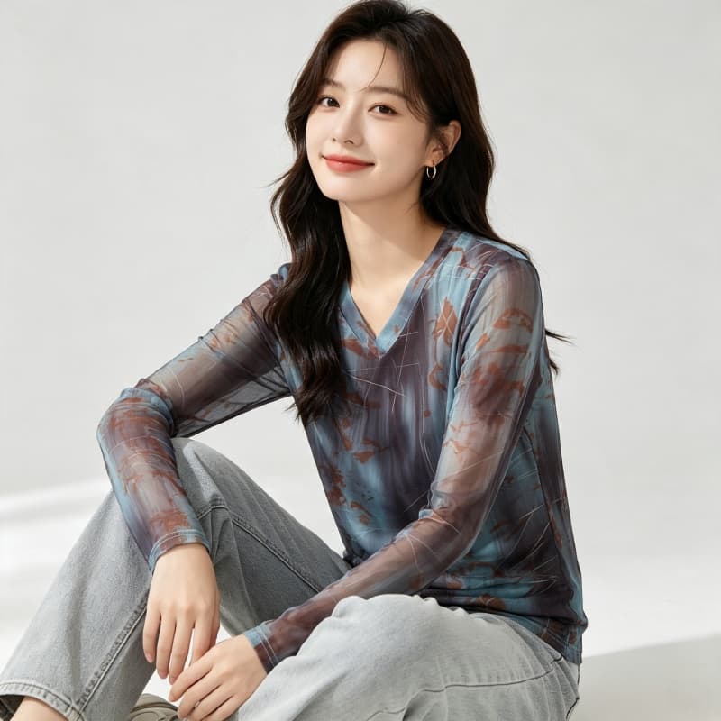 가을 신제품 레이스 기본 셔츠 여성 외국 가스 V넥 한국 스타일 몸매 가꾸기 슬림해 보이는 품격 망사 인사이드 가져 가라. 긴팔 맨위 상세 이미지 5