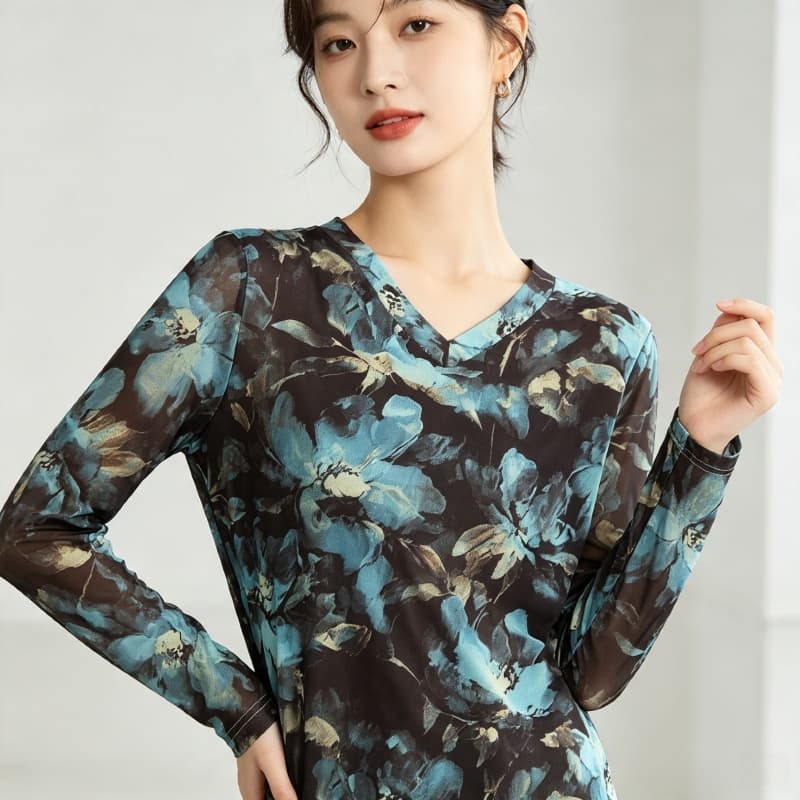가을 신제품 레이스 기본 셔츠 여성 외국 가스 V넥 한국 스타일 몸매 가꾸기 슬림해 보이는 품격 망사 인사이드 가져 가라. 긴팔 맨위 상세 이미지 1