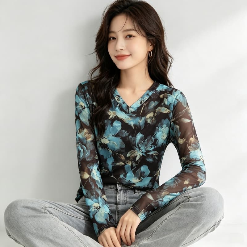 가을 신제품 레이스 기본 셔츠 여성 외국 가스 V넥 한국 스타일 몸매 가꾸기 슬림해 보이는 품격 망사 인사이드 가져 가라. 긴팔 맨위 상세 이미지 3