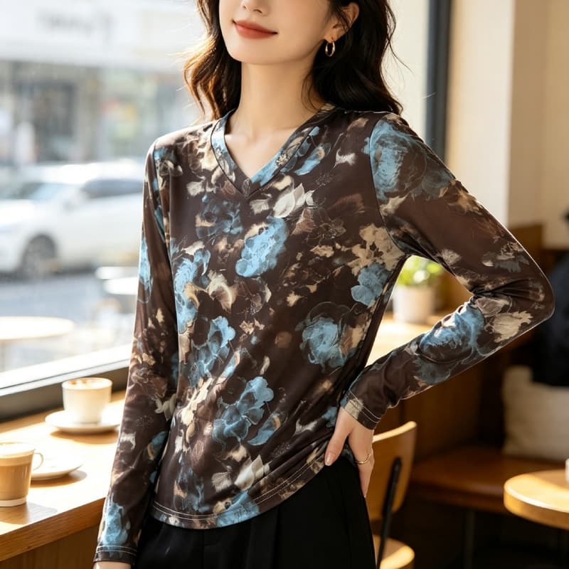 가을 신제품 레이스 기본 셔츠 여성 외국 가스 V넥 한국 스타일 몸매 가꾸기 슬림해 보이는 품격 망사 인사이드 가져 가라. 긴팔 맨위 상세 이미지 6