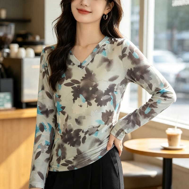 가을 신제품 레이스 기본 셔츠 여성 외국 가스 V넥 한국 스타일 몸매 가꾸기 슬림해 보이는 품격 망사 인사이드 가져 가라. 긴팔 맨위