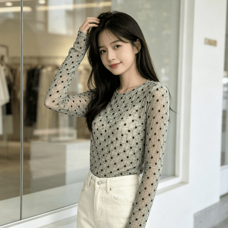 가을 신제품 레이스 기본 셔츠 여성 외국 가스 라운드 넥 한국 스타일 몸매 가꾸기 슬림해 보이는 품격 망사 인사이드 가져 가라. 긴팔 맨위 상세 이미지 8