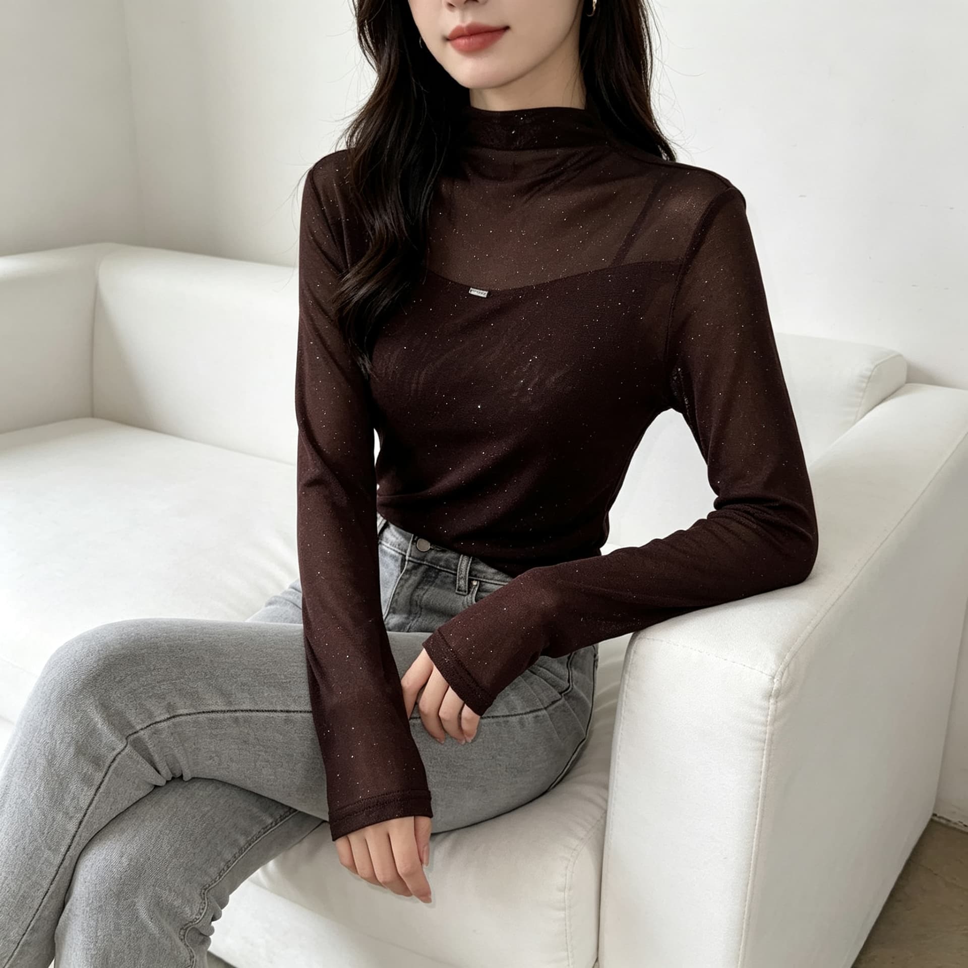 가을 신제품 레이스 기본 셔츠 여성 외국 가스 스탠드 칼라 한국 스타일 몸매 가꾸기 슬림해 보이는 품격 망사 인사이드 가져 가라. 긴팔 맨위 이미지 5