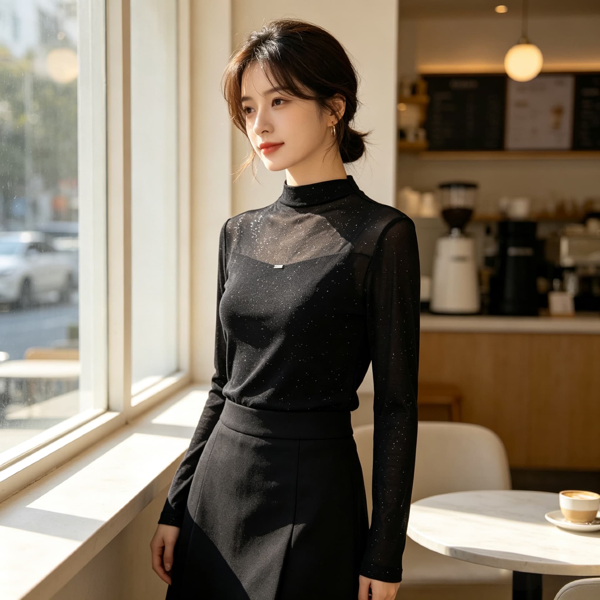 가을 신제품 레이스 기본 셔츠 여성 외국 가스 스탠드 칼라 한국 스타일 몸매 가꾸기 슬림해 보이는 품격 망사 인사이드 가져 가라. 긴팔 맨위 상세 이미지 8